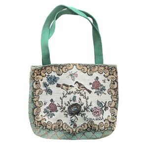 Vtg Small Shoulder Tapestry Tote Bag- Green strap- no lining- Susan Welsh- birds